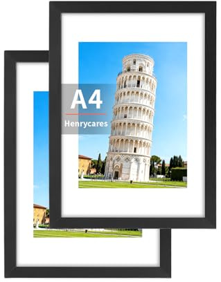 Henrycares Cornice A4 Set da 2 con Passepartout, Cornici Nere 21x29,7 cm da Parete Orizzontale/Verticale, Adatte per Foto, Diploma, Poster e Quadri, portafoto picture photo frames