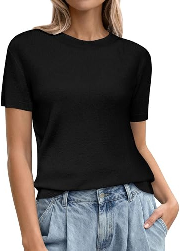 PRETTYGARDEN Women's Short Sleeve Sweaters Summer Tops,Black,M