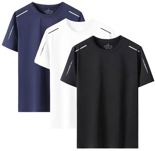 3 Pack Mens T-Shirts Quick Dry Sport Tops Breathable Moisture Wicking Athletic Gym Tshirts Crew Neck Running Workout Shirts (UK, Alpha, 3XL, Regular, Regular, Black+Blue+Gray)