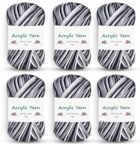 Pelote de Laine 300g (6x50g) 5 Brins Noir-Gris-Blanc, Fil à Crochet Doux 2.5mm – Taille Crochet 4.0-6.0mm, Tonalité Harmonieuse – Pour Layette & Amigurumis, Débutants & Expérimentés