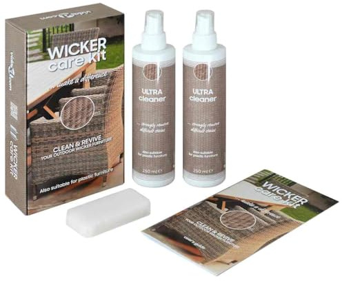 Kaloriko Limpiador de muebles de jardín para ratán, textileno y plástico, 2 x 250 ml, con esponja, limpiador de superficies y productos de cuidado para muebles de exterior, armarios de plástico, mesas