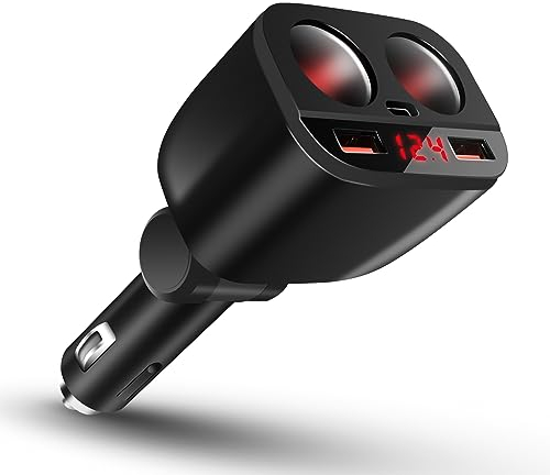 GemCoo 120W USB C Auto Ladegerät Zigarettenanzünder Verteiler Adapter Splitter 2 Steckdose Schnellladung 12V/24V DC mit LED Voltmeter Dual USB +PD Port für Handy Tablet GPS Dash Kamera