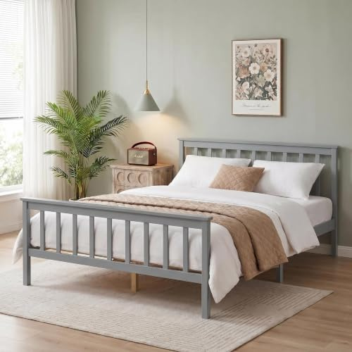 Panana Double Bed Solid Wood Bed Frame White Wooden For Adults, Kids, Teenagers (Grey)