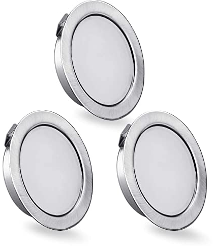 Set de 3 luminaires pour meuble LED 230V, 3,5W LED IP44 G4 15mm spots encastrables pour meuble plat, 3000K blanc chaud, hotte de cuisine, spot encastrable salle de bain (Nickel Brossé)