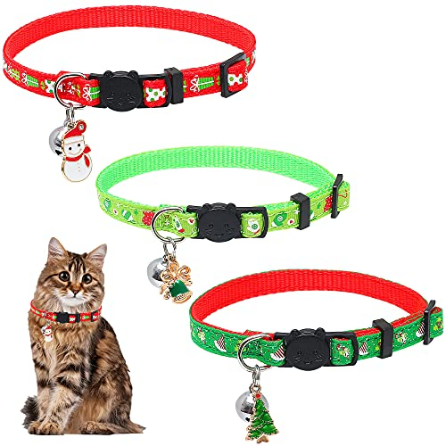 3 Stück Weihnachten Katzenhalsband Hundehalsband,Halsband Katze mit Sicherheitsverschluss und GlöCkchen,Verstellbare Halsbänder für Katzen,Kätzchen- Und Welpenbedarf + Anhängern + Glöckchen
