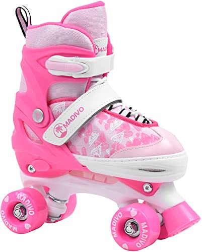 MADIVO Love Kinder Mädchen Rollschuhe VERSTELLBAR | Ideal für Kinder und Jugendliche | Größenverstellbare Roller Skates | Weiß/Rosa | Größen: 30-33, 34-37 (30-33)