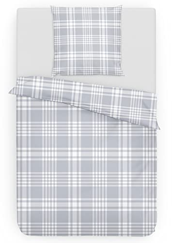 Träumschön Biber Bettwäsche Set 2tlg 135x200 cm + 80x80 cm – Flauschige Bettwäsche Hellgrau – Weiche Winterbettwäsche Kariert - Atmungsaktiv, Warm & Hautfreundlich - 100% Baumwolle