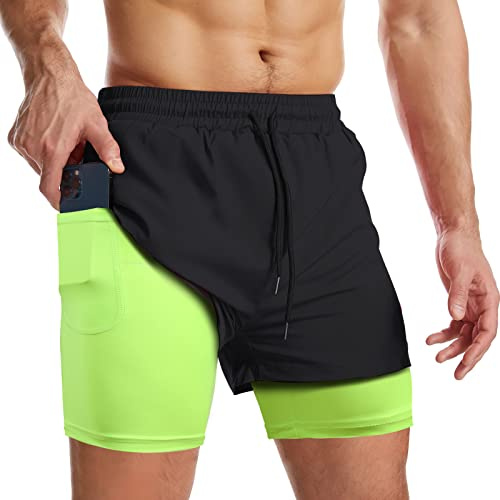 Danfiki Pantalones Cortos de Running para Hombre con Bolsillo para teléfono Entrenamiento Ligeros de Secado rápido,Verde Negro,M