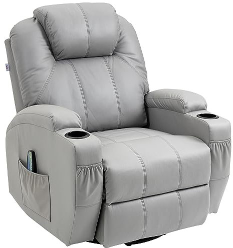HOMCOM Relaxsessel mit Massagefunktion, Elektrisch Fernsehsessel mit Liegefunktion, Wippfunktion, Drehbar Massagesessel mit Federsystem, Fernbedienung, Becherhalter und Seitentasche, Grau