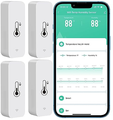 PHOVOLT Termómetro higrómetro inalámbrico, sensor de temperatura inteligente y monitor de humedad con aplicación remota, alarma de notificación, para casa, invernadero (4 unidades)