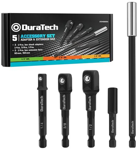 DURATECH 5-Piece Socket Adapter Set,Includes 3/8”,1/2”,1/4”Impact Driver Socket Adapters & 2pcs Spanner Extensions,Professional Accessories for More Drills/Screwdrivers,Gift for Men,DIY Tools