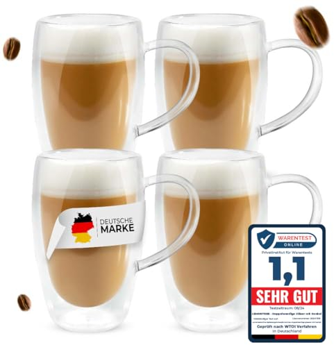 Lemontree 4er Set große Latte Macchiato Gläser 450ml - doppelwandige Gläser mit Henkel, Design Kaffeetassen, Teegläser hitzbeständig, Cappuccino Tassen aus Borosilikatglas