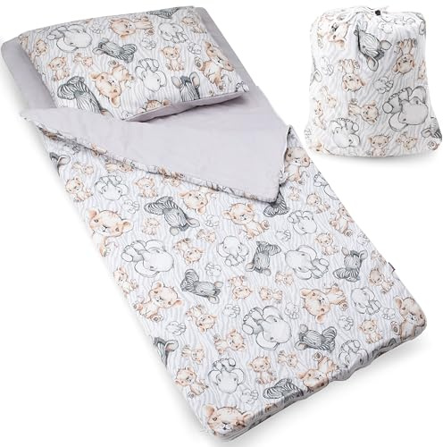 PinkZebra Sac de Couchage Couverture pour Enfant de 140 x 75 cm + taie d'oreiller de 60 x 40 cm pour Filles et garçons, en Coton avec Double Fermeture éclair, Motif Zoo