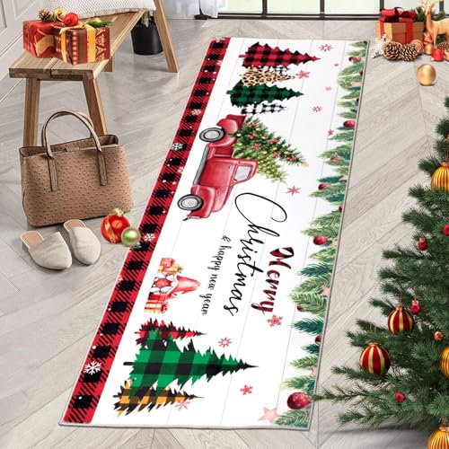 TUKDAK Weihnachtsteppich rutschfest 60x180cm, Weihnachten Teppich Läufer fürs Flur, Waschbar Kurzflor Teppichläufer Küchenteppich Küchenläufer, Boden Teppich Runner für Flur Entryway Wäsche Daneben