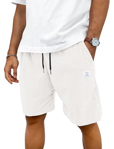 TARAINYA Velours Côtelé Short Homme Coton Stretch Cordon de Serrage été Casual Chino Corduroy Shorts Court Homme avec Poches Blanc 4XL