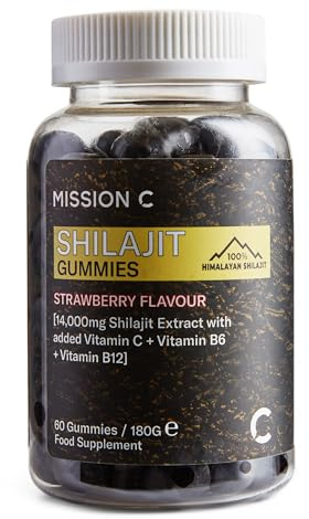 Shilajit Gummies - Pure, Himalayan - 14000 mg per Serving - High Grade - with Added Vitamin C, B6 and B12, Contains 85 Minerals, Immune System & Vitality Booster, Vegan - Lab Tested - Mission C