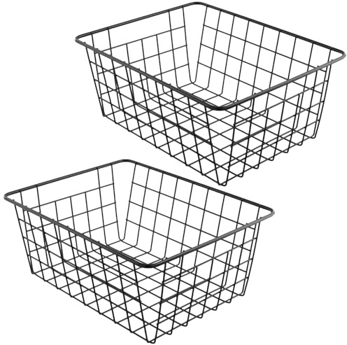 PINGEUI 2 st svarta metalltrådförvaringskorgar, trådkorg frysförvaring organiserare med handtag för köksskåp, skafferi, garderob, sovrum, badrum, 28 x 22 x 12 cm