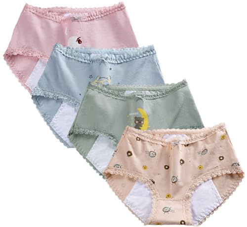 AOOPOO 4 Pezzi Pantaloni Mestruali per Ragazze Adolescenti, Slip Mutande Assorbenti Mestruali in Cotone a Prova di Perdite, Puliti e Lavabili Slip Lavabili per Ragazze Adolescenti 8-18 Anni