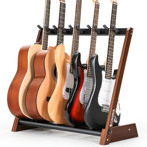 CAHAYA Supporto Multi Chitarre in Legno - Stand da Pavimento per 5 Chitarre Pieghevole e Portatile per Chitarre Acustiche, Elettriche, Classiche e Basso - Espositore per Casa e Studio