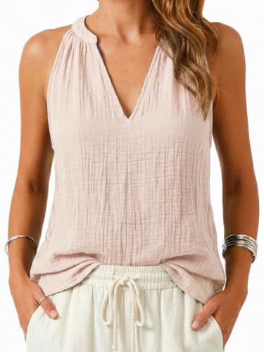 HAWILAND Women Cotton Linen Notched V Neck Pleated Sleeveless Vest Top Blouse Shirt Summer Loose Fit Tunic Tank Top
