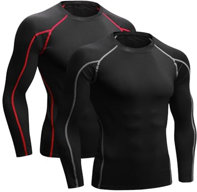 Niksa 2 Pack Long Sleeve Running Tops Mens,Base Layers Compression Top T-Shirts,Quick Dry Wicking Gym Athletic Training Workout Tee Shirts(Black&Red,XL)