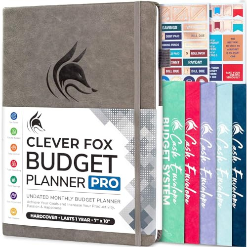 Clever Fox Budget Planner PRO - Financial Organizer + Cash Envelopes. Monthly Finance Journal, Expense Tracker & Personal Account Book, Undated, 18 x 25.5cm - Grey