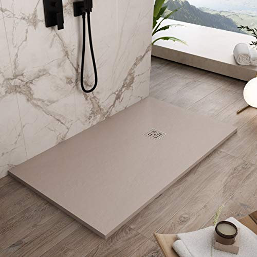Essence ArredoBagno Plato de ducha resina 80x80 - Efecto piedra antideslizante con gelcoat - Modelo Rome arena - Rejilla y desagüe incluidos