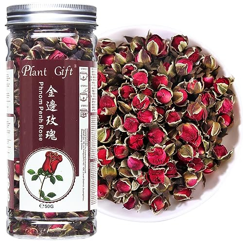 Plant Gift Dried Rose Buds 50G/1.76oz 金边玫瑰 Phnom Penh Rose Thé à la rose comestible, fleurs séchées parfumées pour le thé, la pâtisserie, l'artisanat, la fabrication de savon, la résine