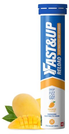 Fast&Up Reload Electrolyte Tablets, Mango Flavour, 20 Effervescent Tablets, Rapid Hydration & Energy, with Vitamin C & B12, Vegan