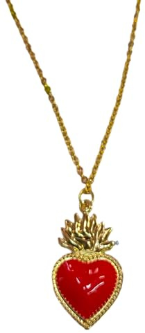 Collana Cuore Sacro Ciondolo Smaltato Grande Idea Originale per Regalo Natale Compleanno Festa Della Mamma,Fatto a Mano, Gioielli Donna Pendenti Dorato (Rosso) 4 cm
