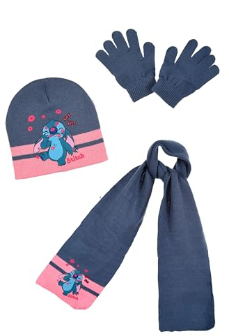 Disney Stitch Hut, Schal und Handschuhe für Mädchen, Winterset für Mädchen, Mütze Schal und Handschuhe Stitch und Angel, Winteraccessoires für Kinder – Blau
