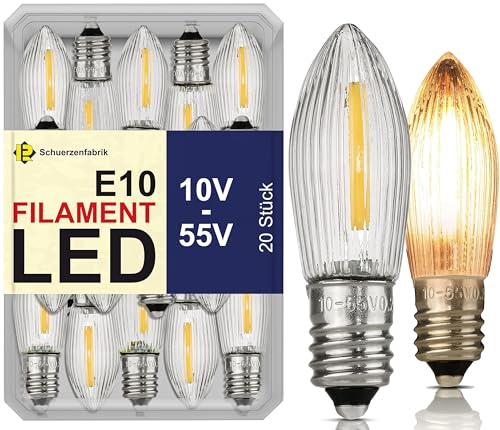 Schuerzenfabrik 20x LED E10 Spitzkerzen 10V - 55V 0.2W 2200K Universal Ersatzbirnen Filament LED Topkerzen für Lichterkette und LED Schwibbbogen