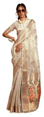 Rang Priya Designer Paithani tissue silk saree with unstitched blouse (Off White), Regular