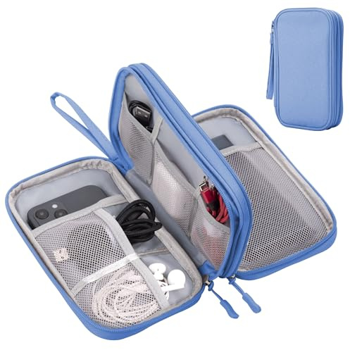 Arae Electronic Accessories Organizer, Travel Essentials Cable Bag with Double-Layer Storage for Cables, Cards, Chargers - Sky Blue, M