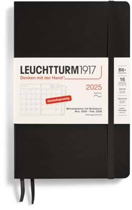 LEUCHTTURM1917 Paperback B6+ 370607 - Agenda mensile e taccuino 2025, copertina morbida, 16 mesi, 80 g, a righe, colore: Nero