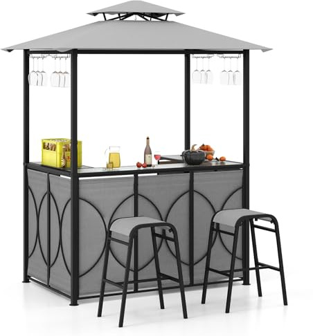 COSTWAY Trädgårdsbarset, barbord med 2 barstolar, metallhyllor och glashållare, grillpaviljong med dubbelt tak, ståbord av härdat glas för terrass och trädgård (grå)