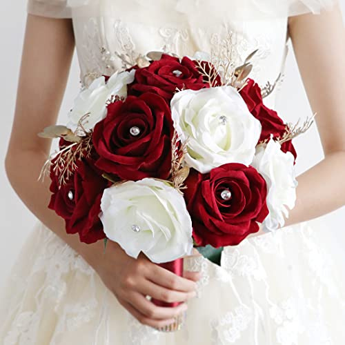 Bouquet de mariée - Bouquet de mariée - Bouquet de demoiselle d'honneur - Bouquet de fleurs artificielles en soie - Décoration de mariage, église, fête, photographie d'intérieur - Bordeaux blanc