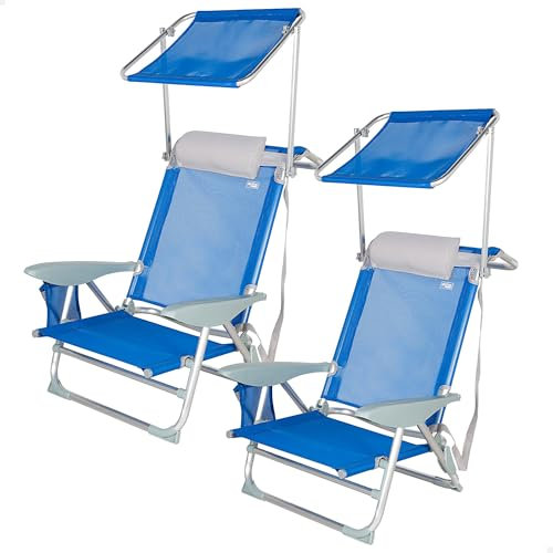 AKTIVE Pack 2 sillas de Playa Plegables con Parasol, antivuelco y reclinable 4 Posiciones, cojín, Bolsillo Lateral y Asas de Transporte, Peso máx 110 Kg, 47 x 43 x 67 cm (85497)
