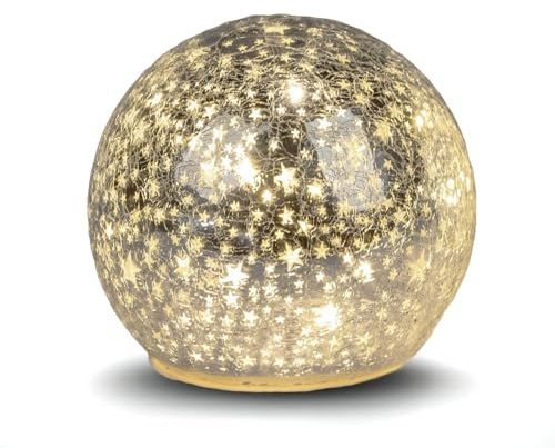 formano Dekorativ LED-kula, 15 cm, stjärnor, silver, glasboll, timer, 6 timmar/18 h upplyst – inkl. 3 AA-batterier – glänsande crackle-look, höst, vinter, juldekoration för bord, hylla, fönsterbräda