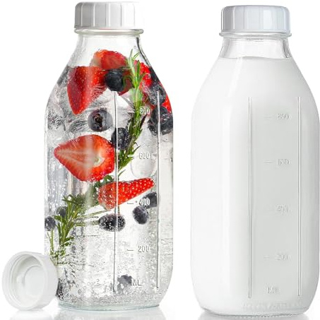 PISTISJACK 2 PCS 1L Botellas de vidrio con Tapas, Botellas Cristal Reutilizable, Botella Vidrio Transparente, botellas de zumo, para Oats, Cereales, Yogur, Pudín, Aceite, Leche, Zumo y Limonada