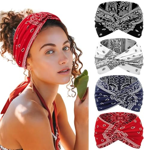 Kavya Bandeau Cheveux Femme Serre Tête 4 Pièces – 7'' Extra Large Élastique Boho Multicolore, Bandana Foulard Cheveux Femme Headband Accessoires Cheveux Mode pour Yoga, Sport & Running