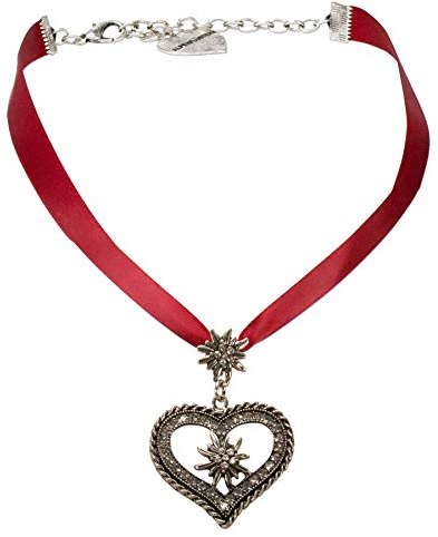 Alpenflüstern Satin-Trachtenkette Strass-Edelweissherz - Damen-Trachtenschmuck Dirndlkette rot DHK241