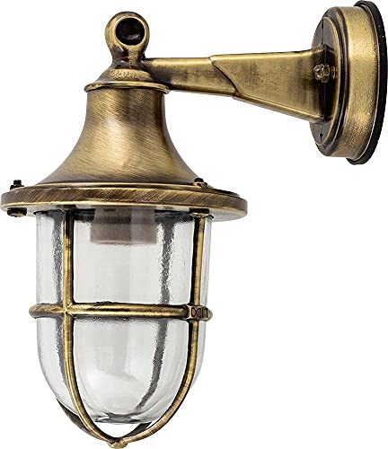 Licht-Erlebnisse Wandlampe Messing Antik, Haustür Balkon Lampe, Aussenlampe Maritim, IP64, E27, B:14 cm, Schiffsleuchte, Schiffslampe, Terrasse, Hof, Außenlampe Balkon