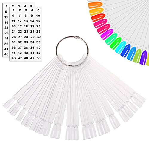 JASSINS 50 Pcs Nail Swatch Sticks with Ring and Numbered Tips - Clear Fan-shaped Display for Nail Art Polish Practice