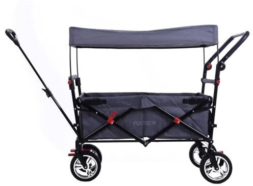 FUXTEC Folding Wagon for Kids to Sit In – Hand Cart, Garden Trolley, Stroller, Outdoor Transport, Fishing, Hiking, Removable Canopy, Push Handle/Pull Rod, Dual Brake System – CT700 Grey