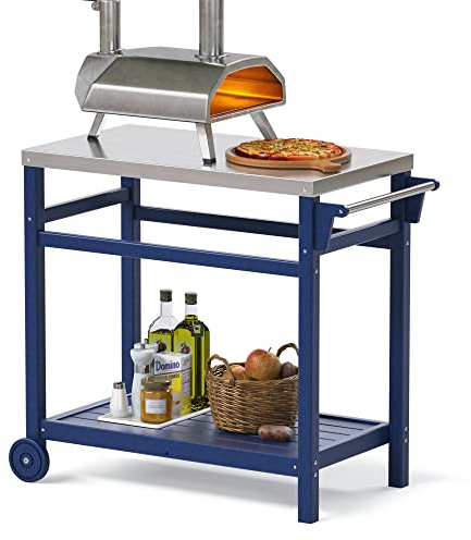 TORVA Carro de Barbacoa para hornos de Pizza y Parrillas, Carro de Exterior con Tablero de Acero Inoxidable, Carro de Cocina móvil con Ruedas, Carro de Servicio, Azul Marino