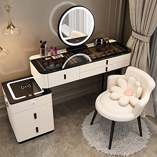 REALN Sminkbord med Lampor och Pall, Bänkskiva av Klart Härdat Glas, Sminkbord med 5 Lådor, 3 Färglägen Justerbar Ljusstyrka, för Kvinnor Flickor (White+black, L-100cm)