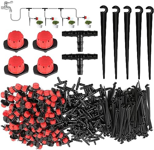 Kit di irrigazione a goccia automatica da 300 pezzi Sistema di irrigazione da giardino Micro irrigazione regolabile Irrigatori a goccia, tubi a T, set di picchetti di supporto per tubi flessibili