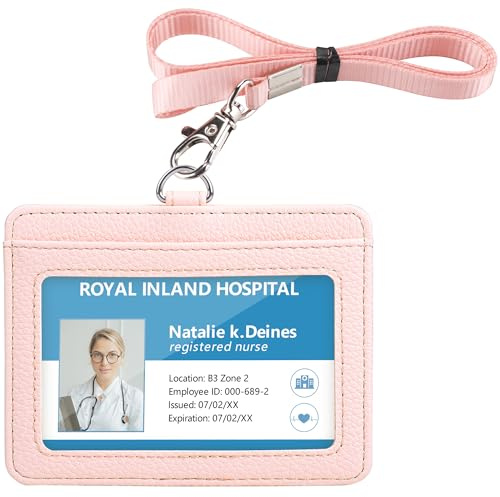 Teskyer Card Holder with Lanyard, ID Badge Holder, Oyster Card Holder, Bus Pass Holder, with Clear Window, Holding 2 Cards, PU Leather, Horizontal, Light Pink