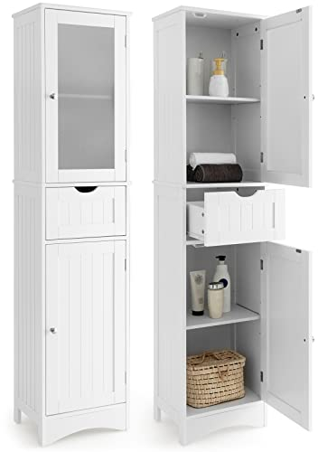 COSTWAY 170cm Hochschrank Bad, Badschrank mit Schublade, Badezimmerschrank mit verstellbaren Ablagen & Milchglastür, Badhochschrank schmal, aus Holz, modern (Milchweiß)